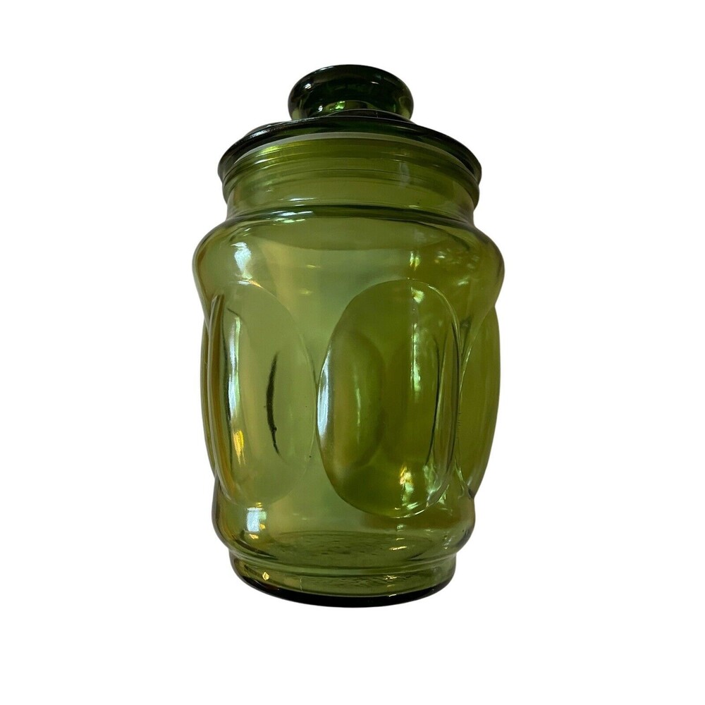 L. E. Smith Avocado Green Bubble Glass Cannister Apothecary Jar Seal Tight  70s